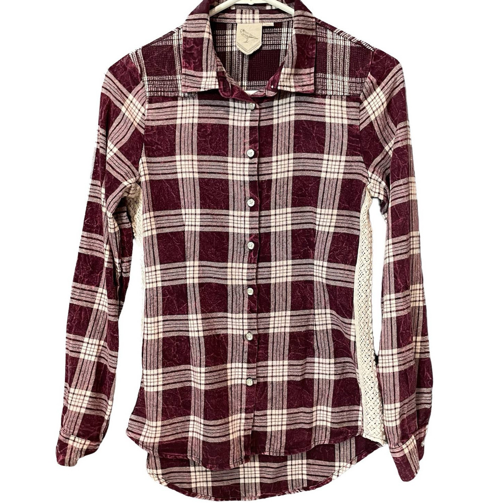 WHITE CROW Plaid Flannel Button Up Shirt Long Sleeve Crochet Side Detail Size XS